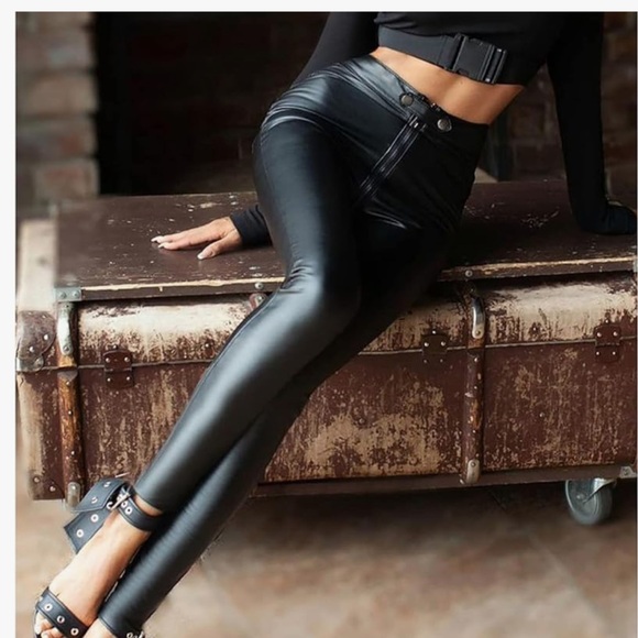 Black High-Waisted Faux Leather Pants - Picture 2 of 5